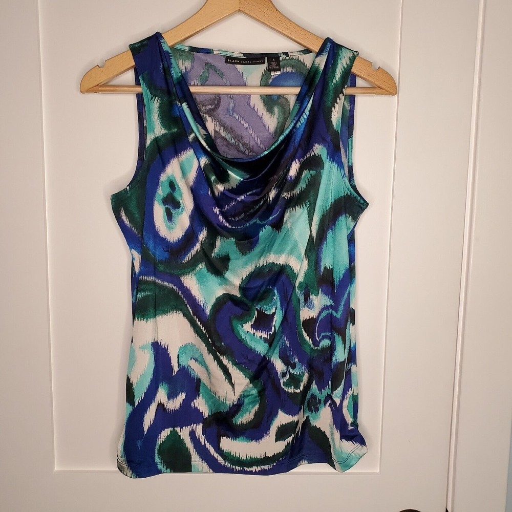 CHICO'S Sleeveless Top Size 1 Watercolor Multi Blue Cowl Neck Blouse Tunic